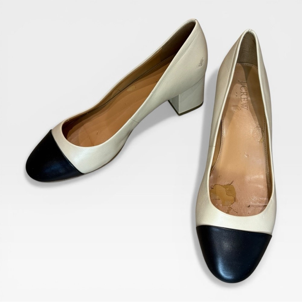 J. Crew Ivory and Black Two-Tone Block Heel Pumps